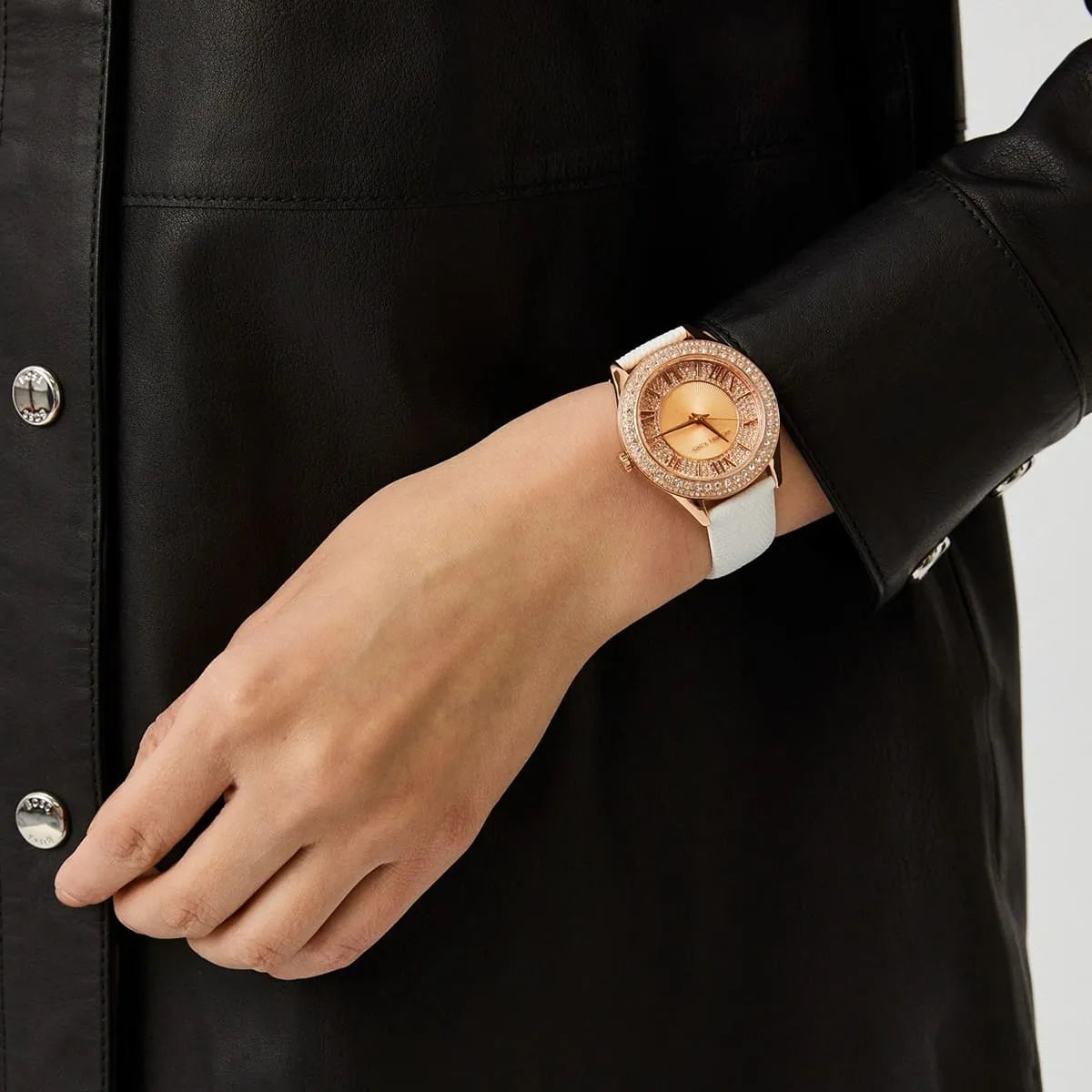  Shop Authentic Michael Kors Harlowe Analog Rose Gold Dial White Leather Strap Watch For Women - MK2989 - Luxxuri