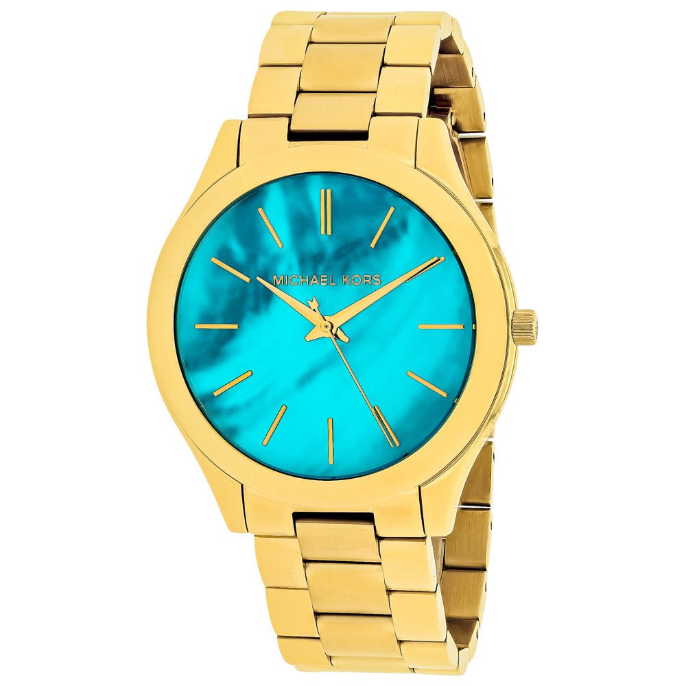  Shop Authentic Michael Kors Slim Runway Blue Mother of Pearl Dial Gold Steel Strap Watch for Women - MK3492 - Luxxuri