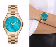  Shop Authentic Michael Kors Slim Runway Blue Mother of Pearl Dial Gold Steel Strap Watch for Women - MK3492 - Luxxuri