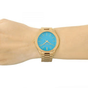  Shop Authentic Michael Kors Slim Runway Blue Mother of Pearl Dial Gold Steel Strap Watch for Women - MK3492 - Luxxuri