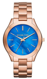  Shop Authentic Michael Kors Slim Runway Quartz Blue Dial Rose Gold Steel Strap Watch For Women - MK3494 - Luxxuri