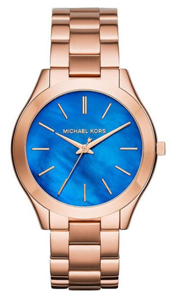  Shop Authentic Michael Kors Slim Runway Quartz Blue Dial Rose Gold Steel Strap Watch For Women - MK3494 - Luxxuri