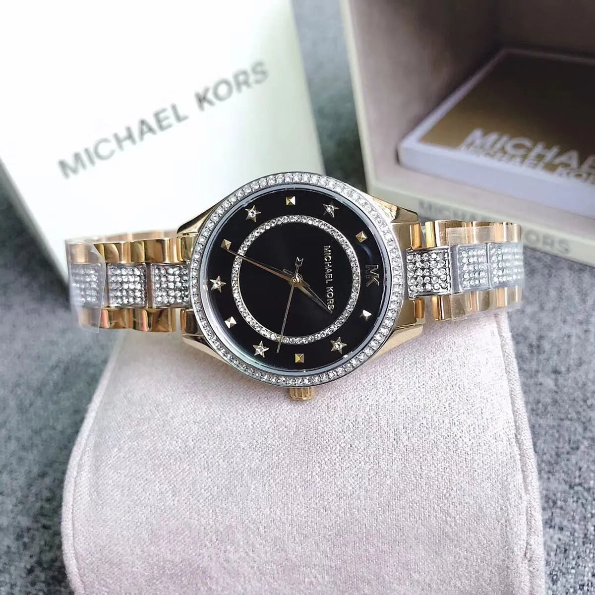  Shop Authentic Michael Kors Lauryn Crystal Pave Black Dial Two Tone Steel Strap Watch For Women - MK4403 - Luxxuri