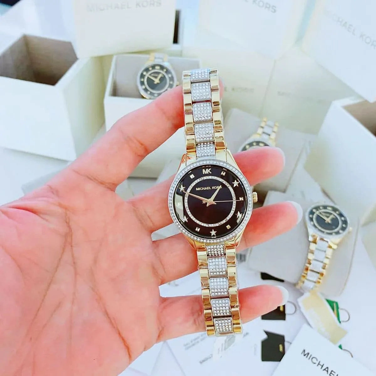  Shop Authentic Michael Kors Lauryn Crystal Pave Black Dial Two Tone Steel Strap Watch For Women - MK4403 - Luxxuri