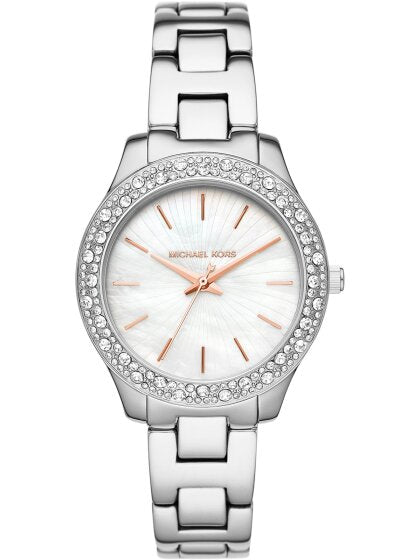  Shop Authentic Michael Kors Liliane Three Hand Mother of Pearl White Dial Silver Steel Strap Watch For Women - MK4556 - Luxxuri