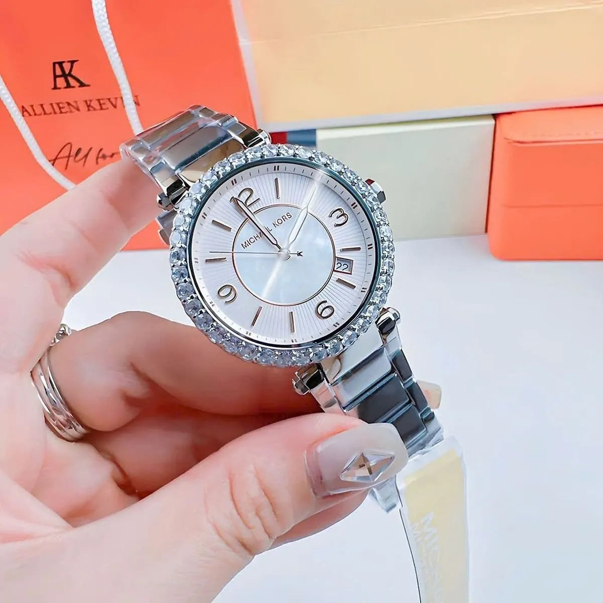  Shop Authentic Michael Kors Parker Three Hand Mother of Pearl White Dial Silver Steel Strap Watch For Women - MK4694 - Luxxuri