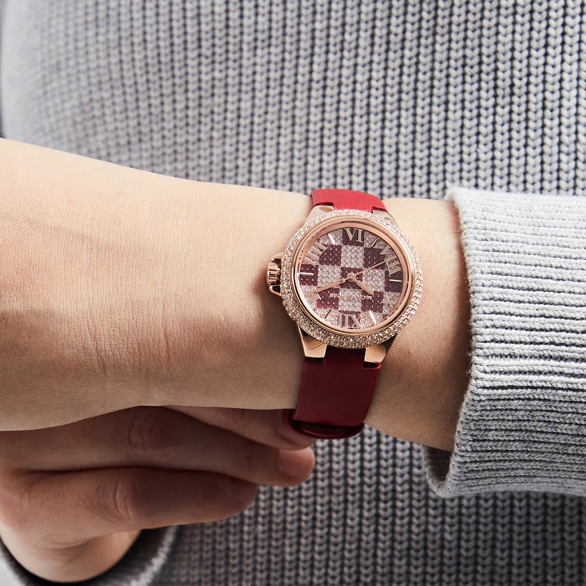  Shop Authentic Michael Kors Camille Three Hand Crystals Rose Gold Dial Red Leather Strap Watch For Women - MK4701 - Luxxuri