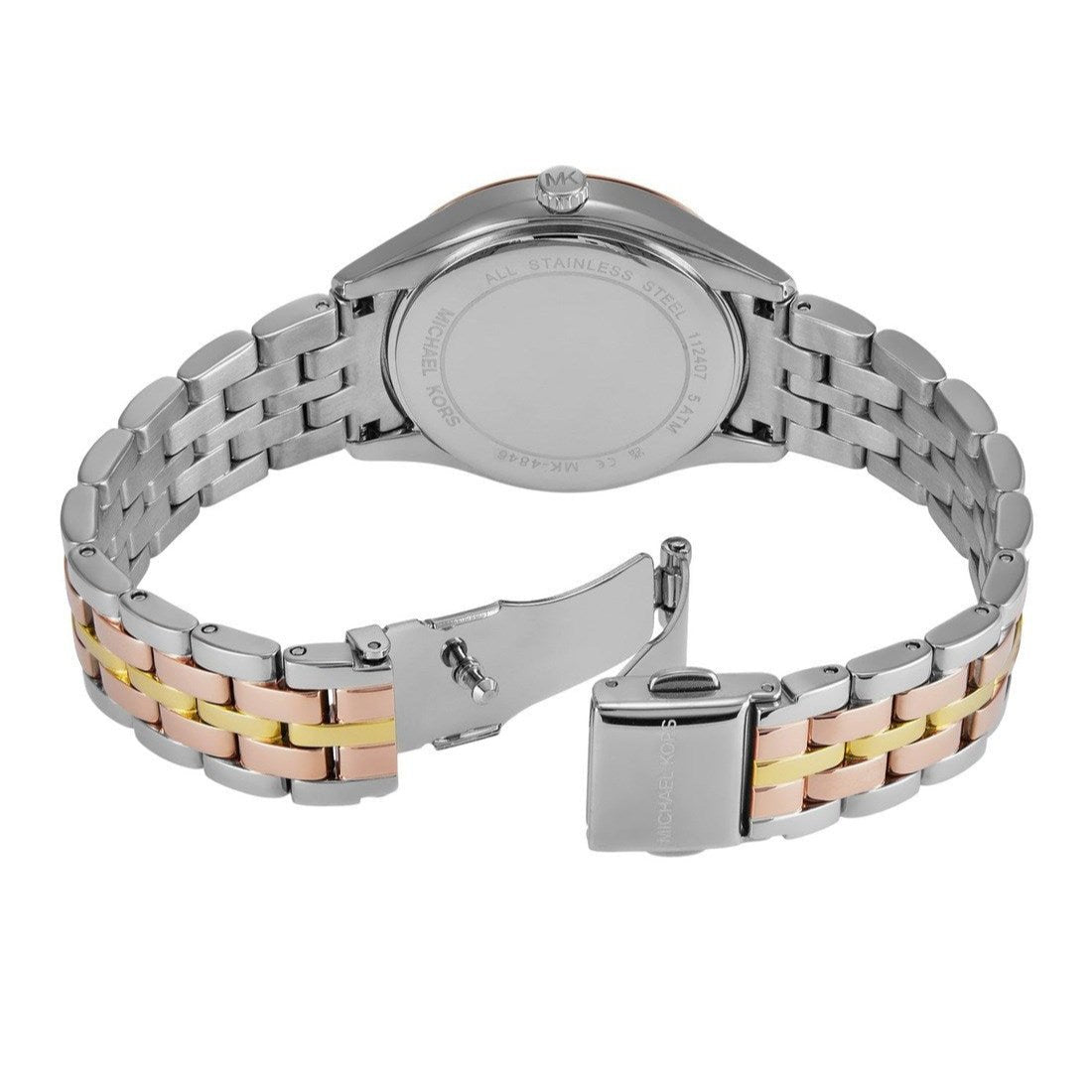  Shop Authentic Michael Kors Harlowe Three-Hand Mother of Pearl White Dial Tri Tone Steel Strap Watch for Women - MK4846 - Luxxuri