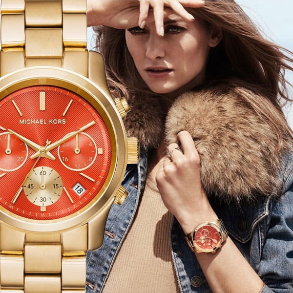  Shop Authentic Michael Kors Runway Chronograph Orange Dial Gold Steep Strap Watch For Women - MK6162 - Luxxuri