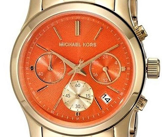  Shop Authentic Michael Kors Runway Chronograph Orange Dial Gold Steep Strap Watch For Women - MK6162 - Luxxuri