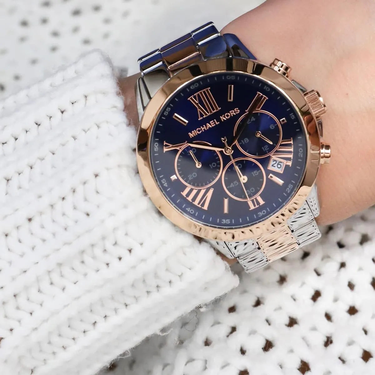  Shop Authentic Michael Kors Bradshaw Chronograph Blue Dial Two Tone Steel Strap Watch For Women - MK6389 - Luxxuri