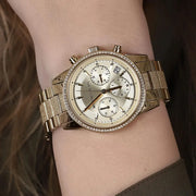  Shop Authentic Michael Kors Ritz Chronograph Gold Dial Gold Steel Strap Watch For Women - MK6597 - Luxxuri
