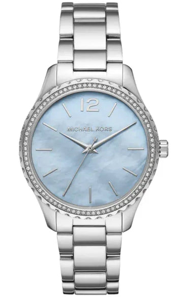  Shop Authentic Michael Kors Layton Chronograph Mother of Pearl Blue Dial Silver Steel Strap Watch For Women - MK6847 - Luxxuri