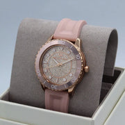  Shop Authentic Michael Kors Runway Three Hand Crystal Pave Dial Pink Rubber Strap Watch For Women - MK6854 - Luxxuri