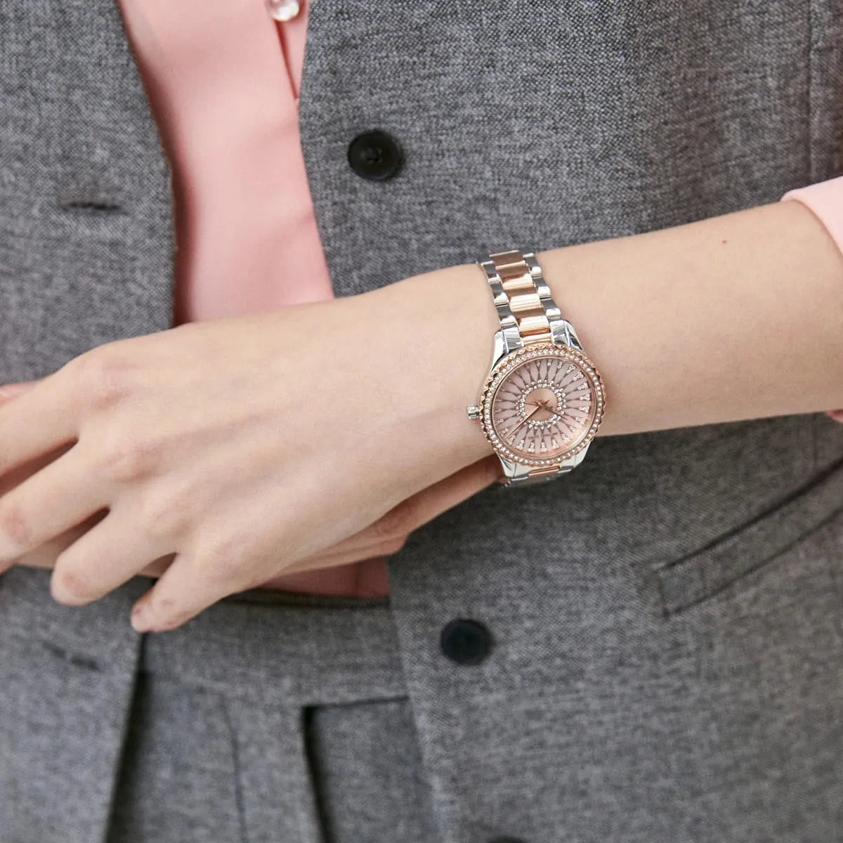  Shop Authentic Michael Kors Layton Three Hand Pink Dial Two Tone Steel Strap Watch For Women - MK6894 - Luxxuri
