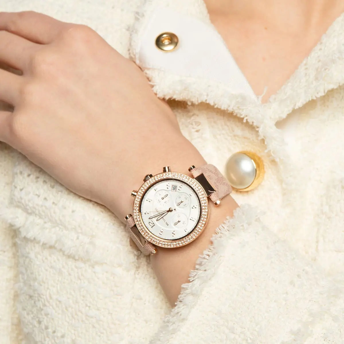  Shop Authentic Michael Kors Parker Chronograph White Dial Pink Leather Strap Watch For Women - MK6935 - Luxxuri
