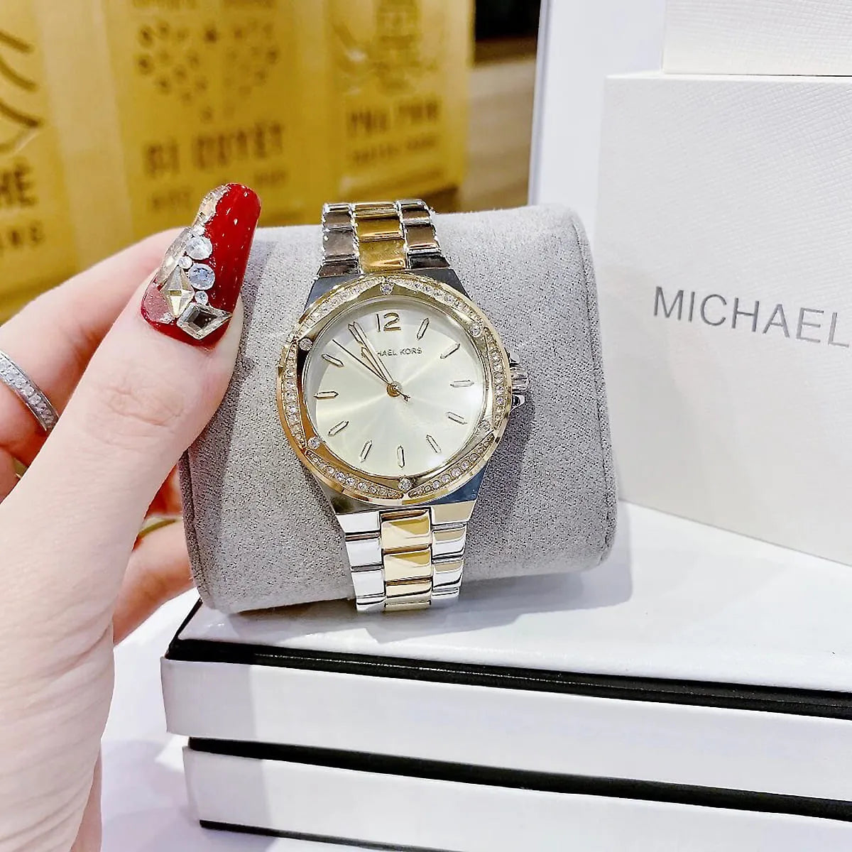  Shop Authentic Michael Kors Lennox Three-Hand Gold Dial Two Tone Steel Strap Watch For Women  - MK6988 - Luxxuri