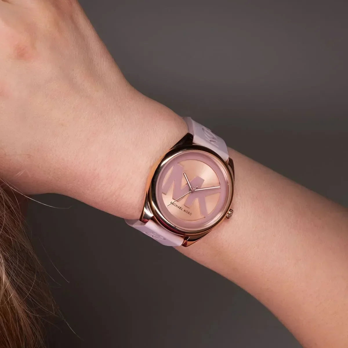  Shop Authentic Michael Kors Janelle Three Hand Rose Gold Dial Pink Rubber Strap Watch For Women - MK7139 - Luxxuri