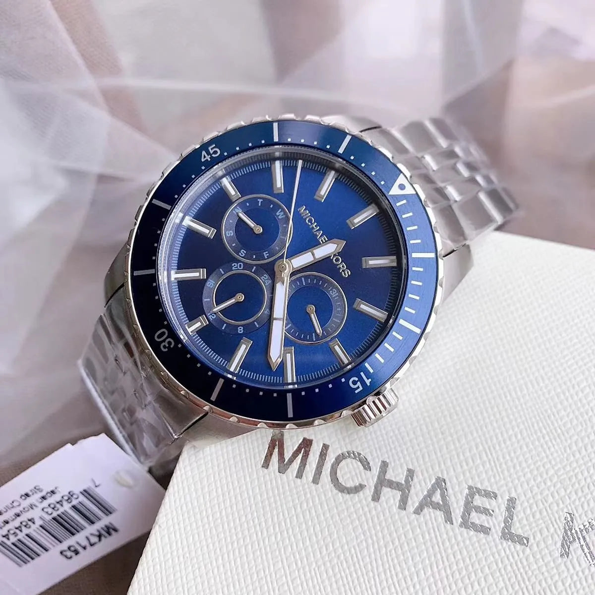  Shop Authentic Michael Kors Cunningham Multifunction Blue Dial Silver Steel Strap Watch For Men - MK7153 - Luxxuri