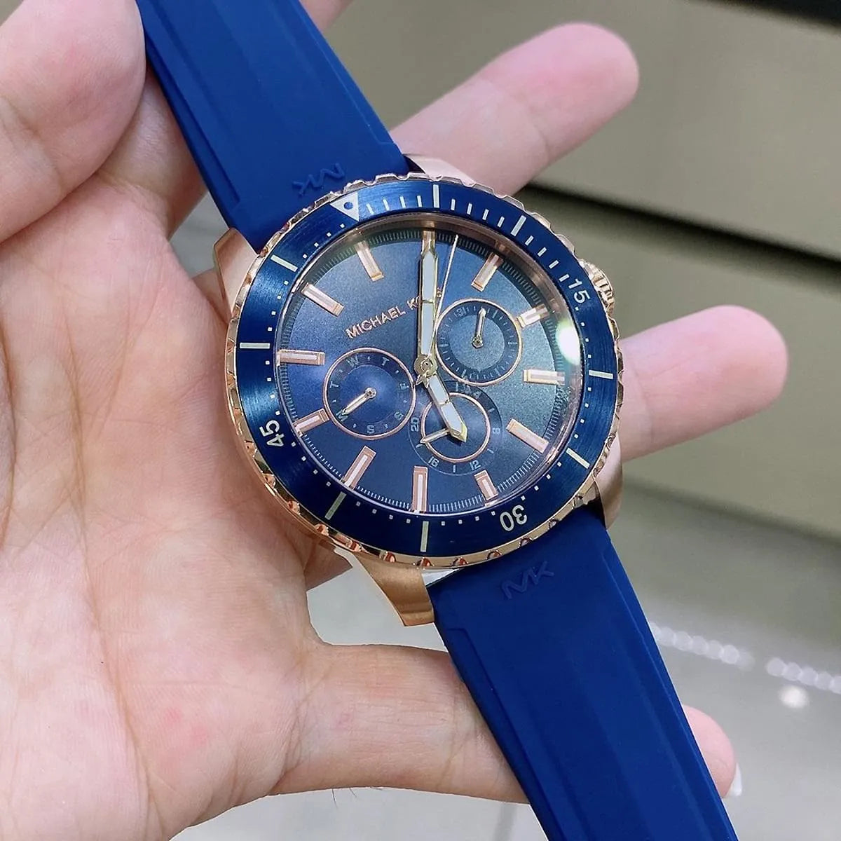  Shop Authentic Michael Kors Cunningham Multifunction Blue Dial Blue Rubber Strap Watch For Men - MK7163 - Luxxuri
