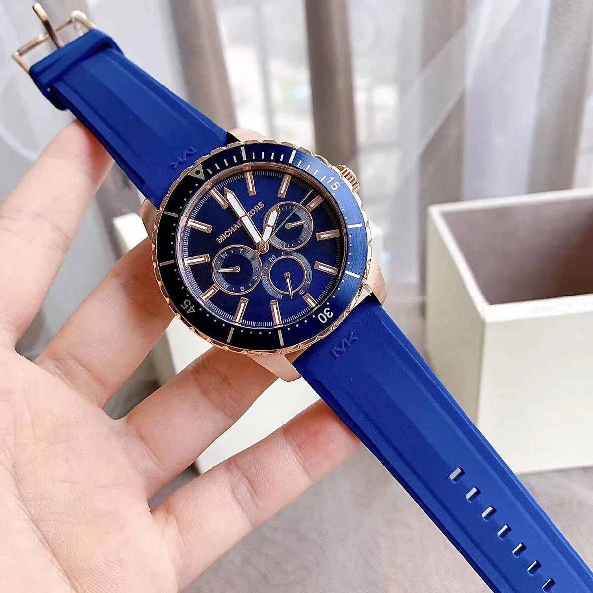  Shop Authentic Michael Kors Cunningham Multifunction Blue Dial Blue Rubber Strap Watch For Men - MK7163 - Luxxuri
