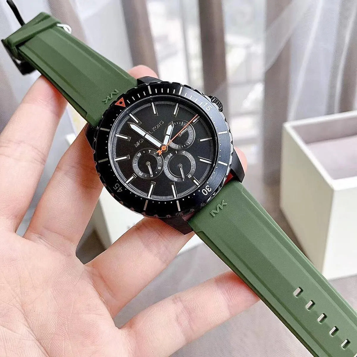  Shop Authentic Michael Kors Cunningham Chronograph Black Dial Green Rubber Strap Watch For Men - MK7165 - Luxxuri