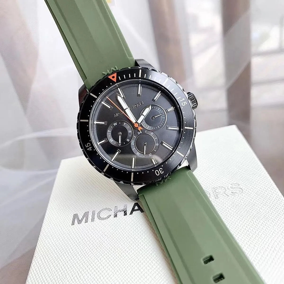  Shop Authentic Michael Kors Cunningham Chronograph Black Dial Green Rubber Strap Watch For Men - MK7165 - Luxxuri