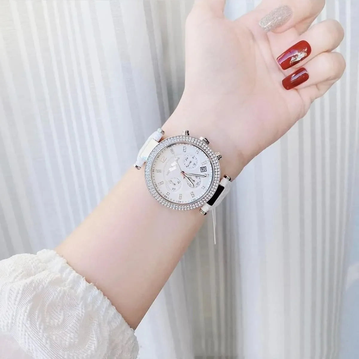  Shop Authentic Michael Kors Parker Chronograph White Dial White Leather Strap Watch For Women - MK7226 - Luxxuri