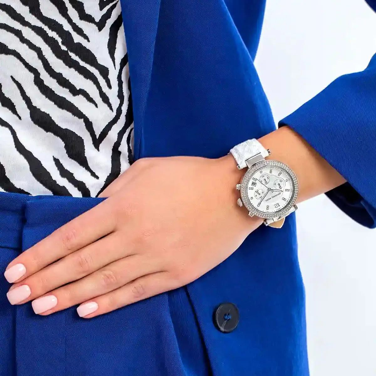  Shop Authentic Michael Kors Parker Chronograph White Dial White Leather Strap Watch For Women - MK7226 - Luxxuri