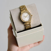  Shop Authentic Michael Kors Lennox Three-Hand Silver Dial Gold Steel Strap Watch For Women - MK7278 - Luxxuri