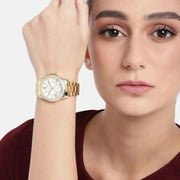  Shop Authentic Michael Kors Everest Three-Hand Mother of Pearl White Dial Gold Steel Strap Watch For Women - MK7363 - Luxxuri
