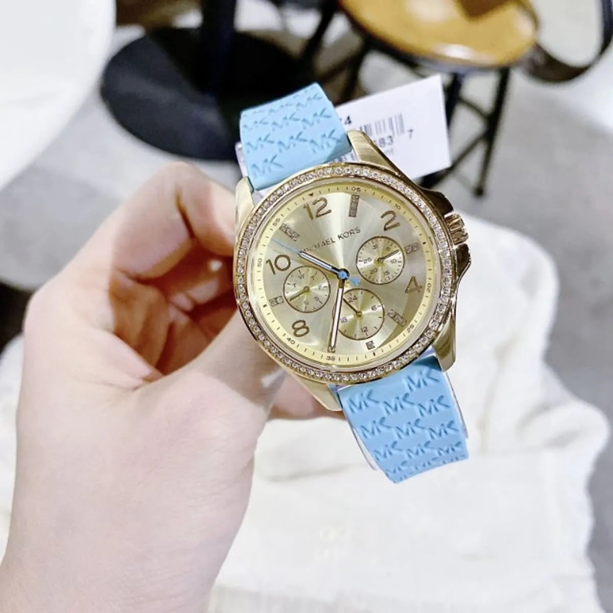  Shop Authentic Michael Kors Mini Pilot Quartz Gold Dial Blue Silicone Strap Watch For Women - MK7374 - Luxxuri