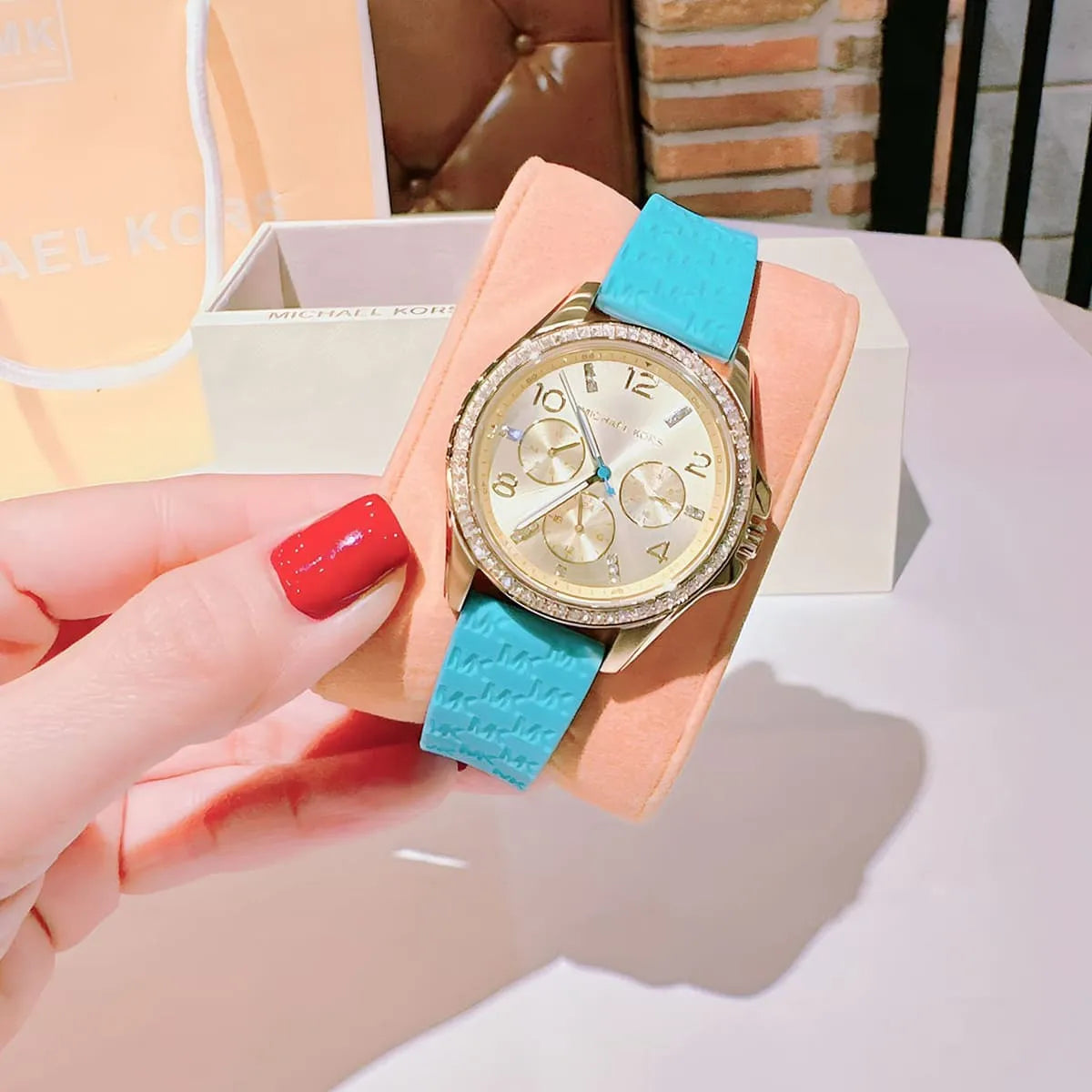  Shop Authentic Michael Kors Mini Pilot Quartz Gold Dial Blue Silicone Strap Watch For Women - MK7374 - Luxxuri