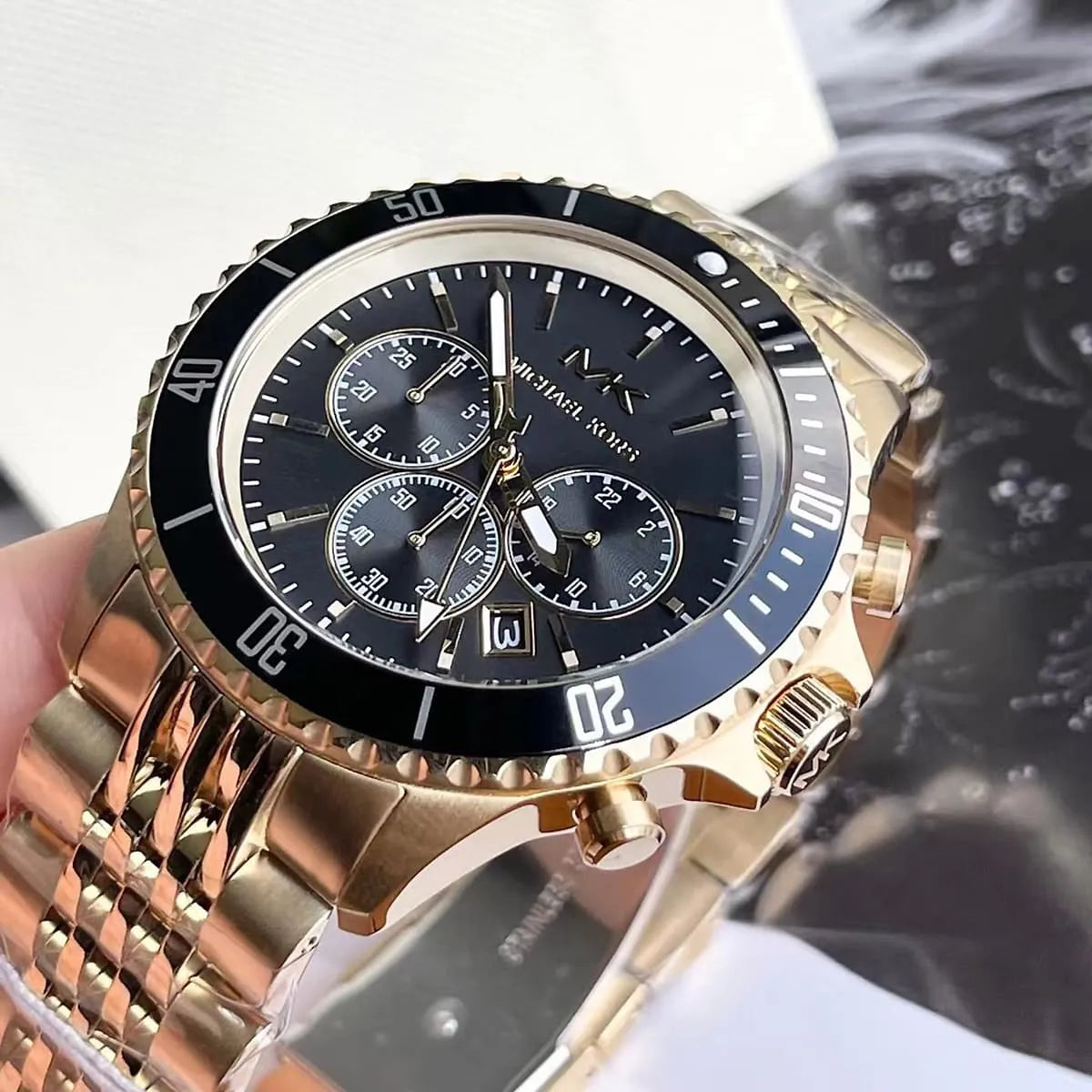  Shop Authentic Michael Kors Bayville Chronograph Black Dial Gold Steel Strap Watch For Men - MK8726 - Luxxuri