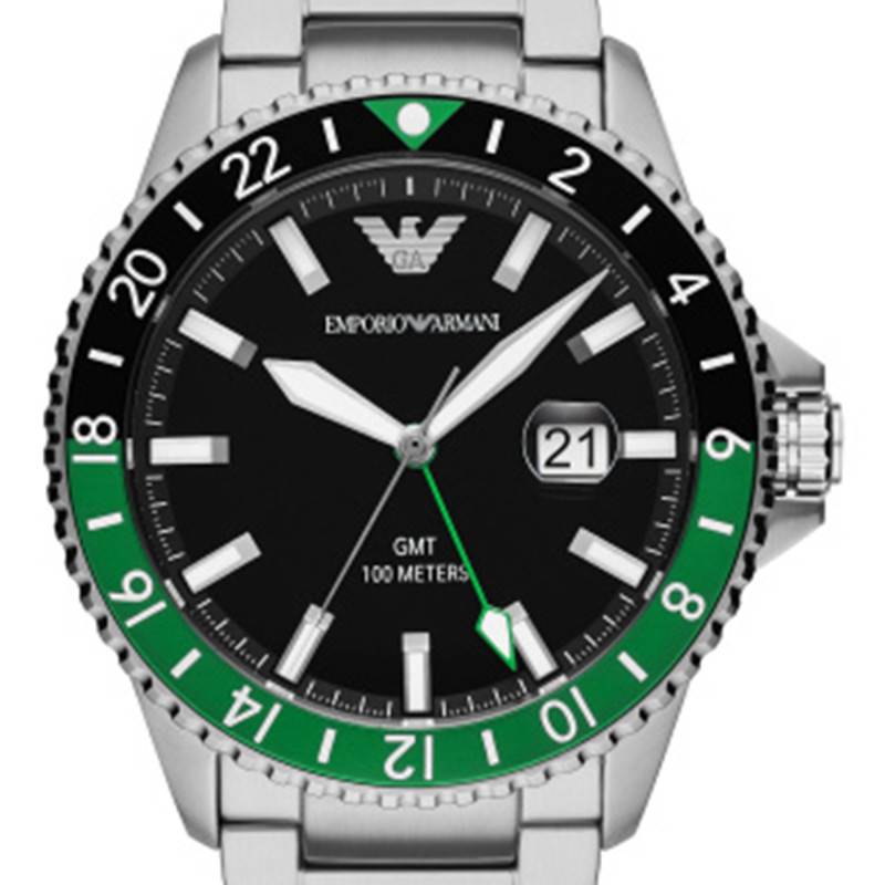  Shop Authentic Emporio Armani Sea Explorer GMT Quartz Black Dial Silver Steel Strap Watch For Men - AR11589 - Luxxuri