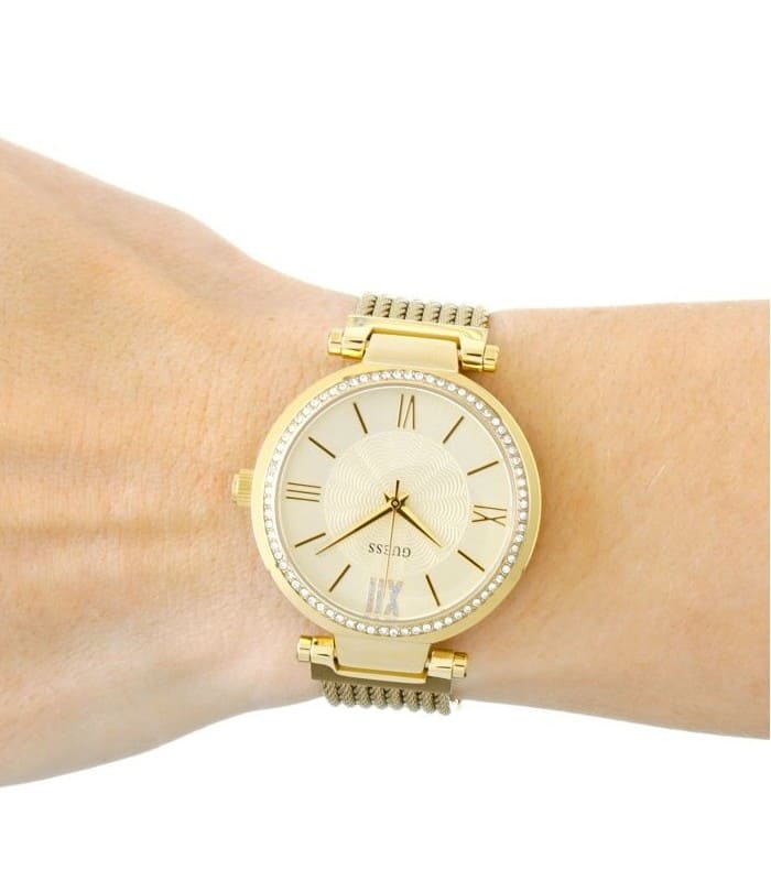  Shop Authentic Guess Soho Champagne Dial Stainless Steel Mesh Bracelet Watch For Women - W0638L2 - Luxxuri