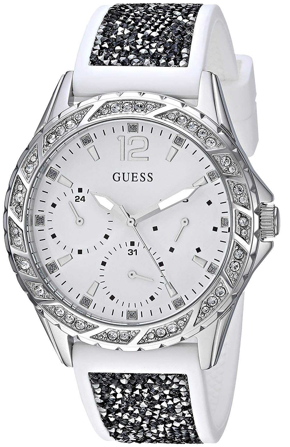  Shop Authentic Guess Swirl Quartz Silver Dial White Silicone Strap Watch for Women - W1096L1 - Luxxuri