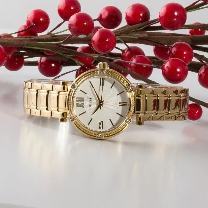  Shop Authentic Guess Park Ave South Analog White Dial Gold Steel Strap Watch For Women - W0767L2 - Luxxuri