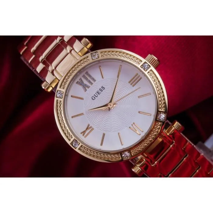  Shop Authentic Guess Park Ave South Analog White Dial Gold Steel Strap Watch For Women - W0767L2 - Luxxuri