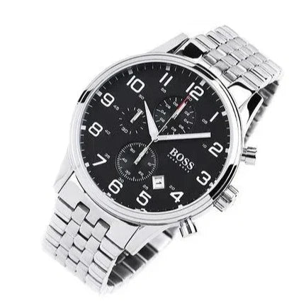  Shop Authentic Hugo Boss Aeroliner Chronograph Black Dial Silver Steel Strap Watch For Men - 1512446 - Luxxuri