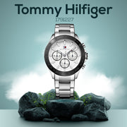 Shop Authentic Tommy Hilfiger Hudson Chronograph White Dial Silver Steel Strap Watch For Men - 1791227 - Luxxuri