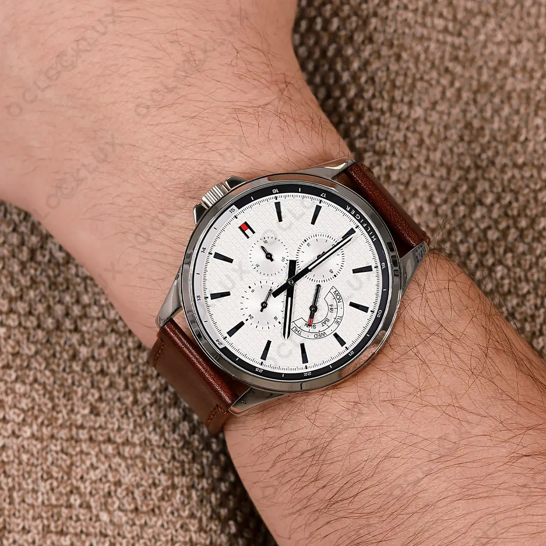  Shop Authentic Tommy Hilfiger Multi Function Quartz White Dial Brown Leather Strap Watch for Men - 1791614 - Luxxuri