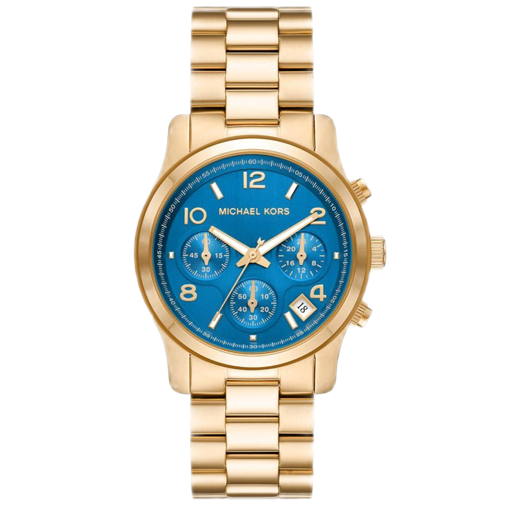  Shop Authentic Michael Kors Runway Chronograph Blue Dial Gold Steel Strap Watch For Women - MK7353 - Luxxuri