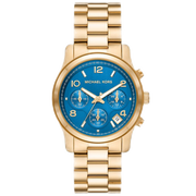  Shop Authentic Michael Kors Runway Chronograph Blue Dial Gold Steel Strap Watch For Women - MK7353 - Luxxuri