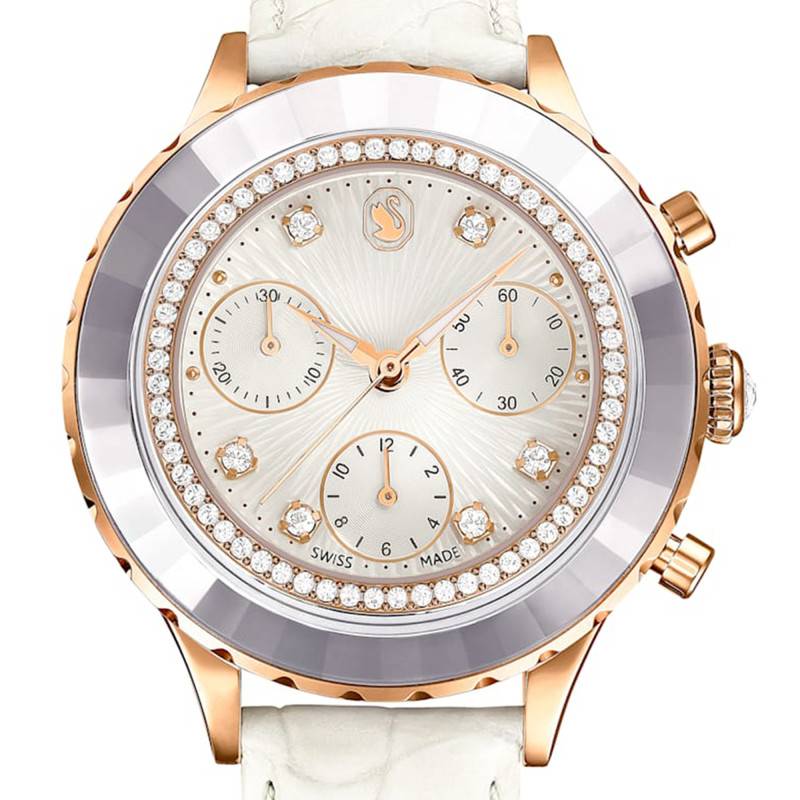  Shop Authentic Swarovski Octea Chrono Crystals White Dial White Leather Strap Watch for Women - 5671150 - Luxxuri