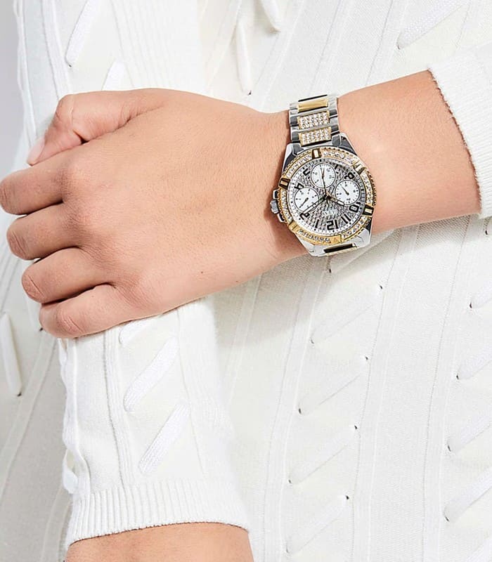  Shop Authentic Guess Frontier Chronograph Crystals Gold Dial Two Tone Steel Strap Watch For Women - W1156L5 - Luxxuri
