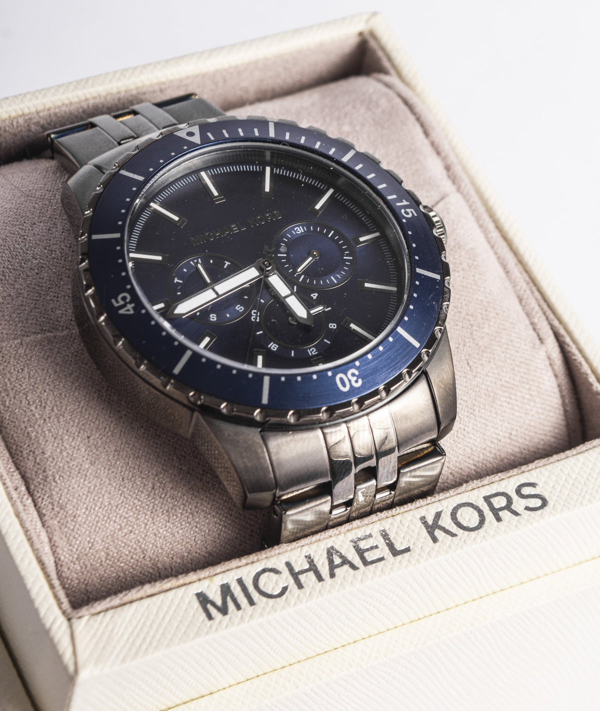  Shop Authentic Michael Kors Chronograph Cunningham Multifunction Blue Dial Grey Steel Strap Watch For Men - MK7155 - Luxxuri