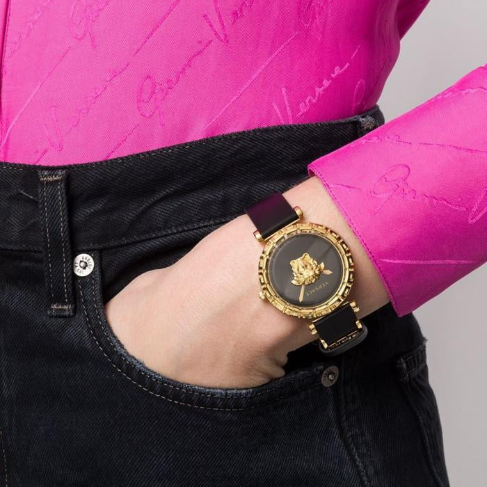  Shop Authentic Versace Palazzo Empire Greca Black Dial Black Leather Strap Watch for Women - VEDV00119 - Luxxuri