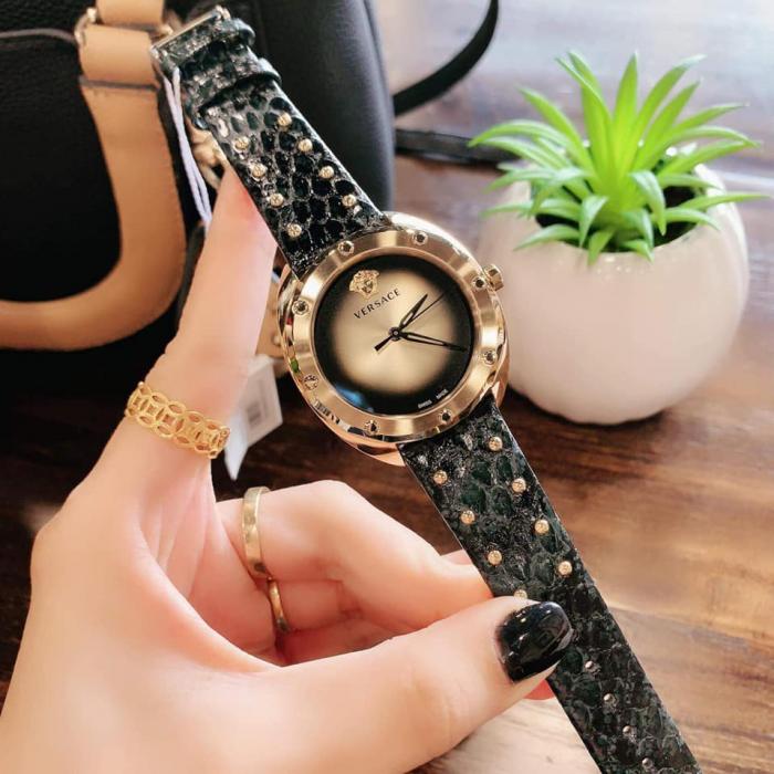  Shop Authentic Versace Shadov Quartz Gold Dial Black Leather Strap Watch for Women - VEBM00318 - Luxxuri