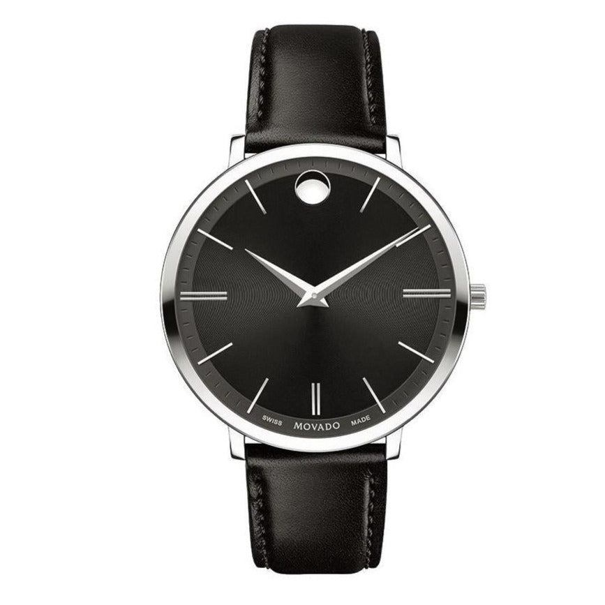  Shop Authentic Movado Ultra Slim Black Dial Black Leather Strap Watch For Women - 0607090 - Luxxuri